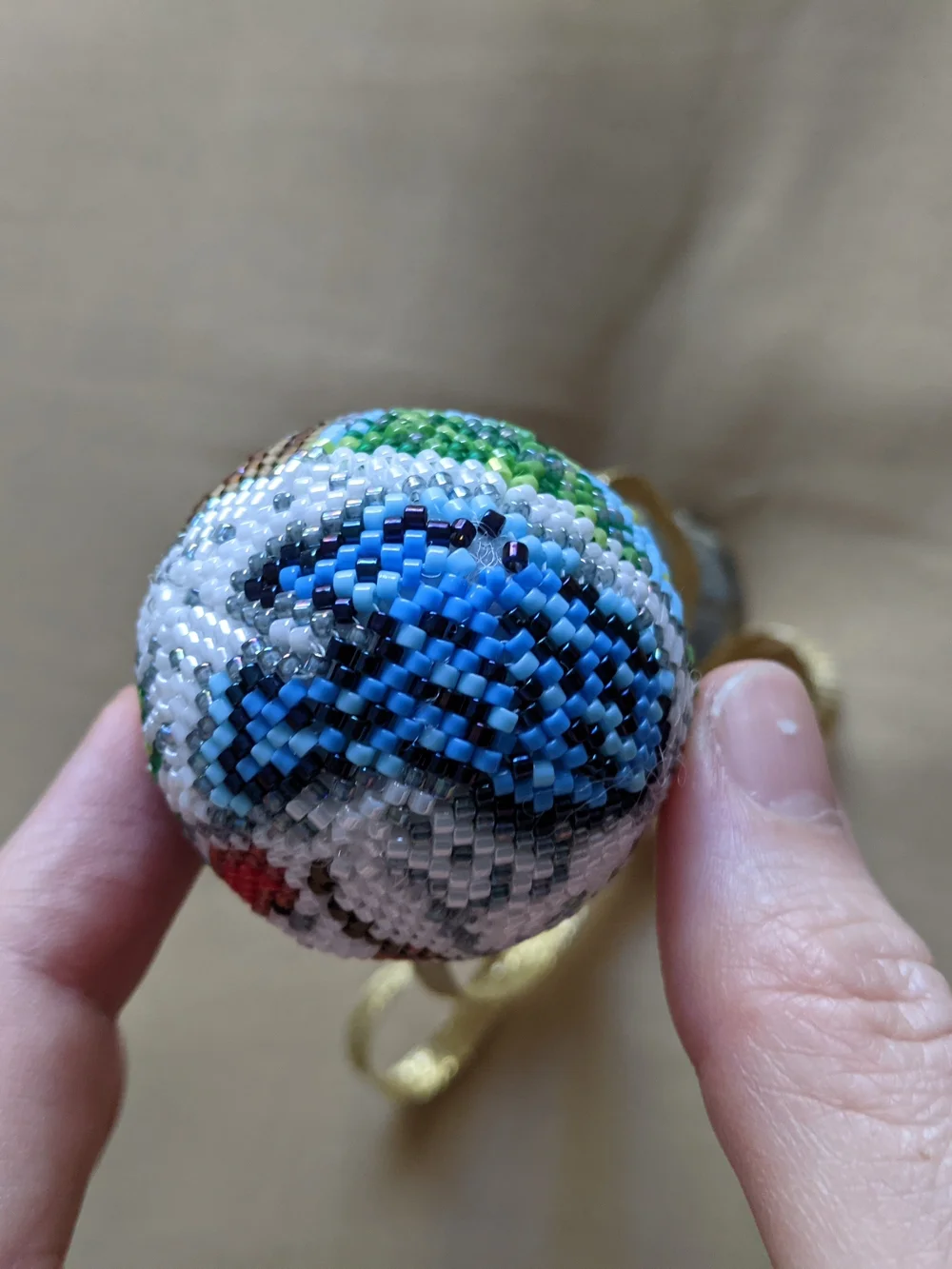 Handcrafted Beaded Snowman Ornament - Blue, Green, Red